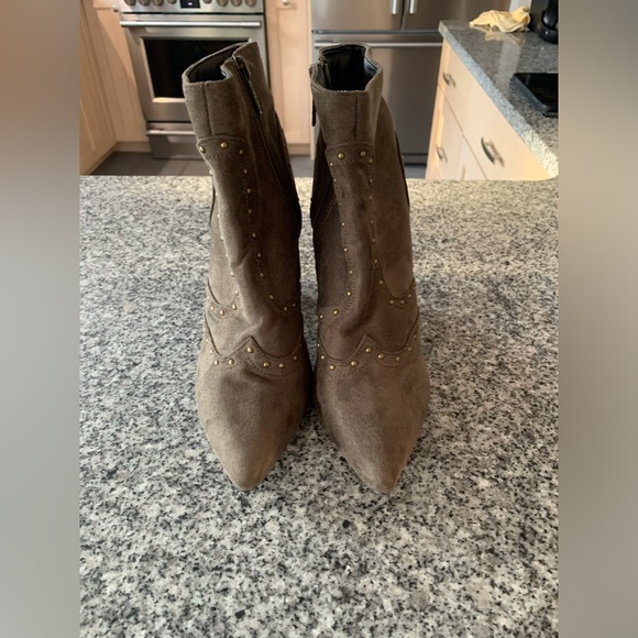 Army Greenish Gray Suede Zip Side Booties with 3 1/4 inch Wood Color Heel - Picture 1 of 3